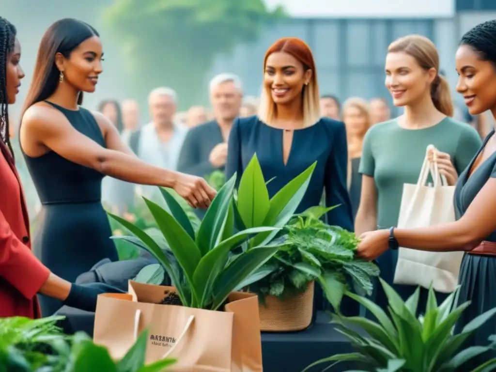 Un evento de intercambio de ropa sostenible entre personas diversas, destacando la comunidad y la moda eco, rodeados de plantas y bolsas reutilizables