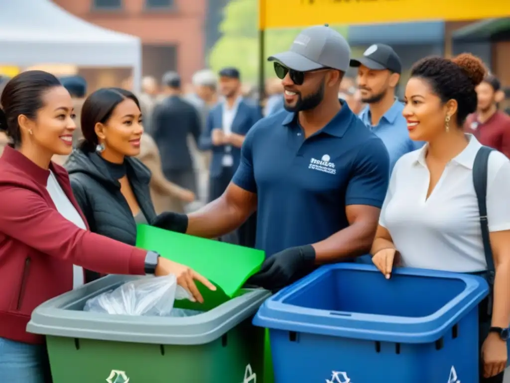 Un evento de reciclaje con participación masiva: personas de diversas edades y etnias reciclando con entusiasmo en una plaza de la ciudad