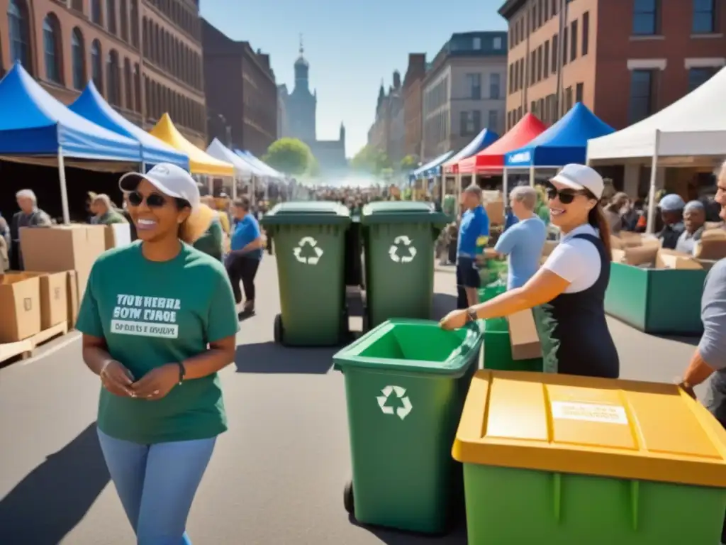 Un evento de reciclaje participativo masivo en la plaza de la ciudad, con personas de todas las edades y etnias colaborando alegremente bajo el sol