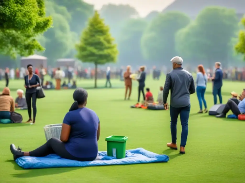 Evento sostenible en parque comunitario: diversidad de personas reciclando, plantando árboles y disfrutando de un picnic