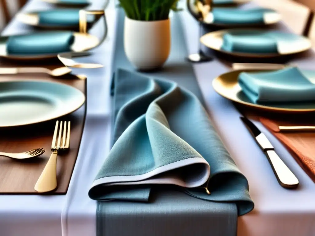 Planificación eventos sostenibles zero waste: Mesa elegante con utensilios reutilizables y servilletas de tela, bajo luz natural