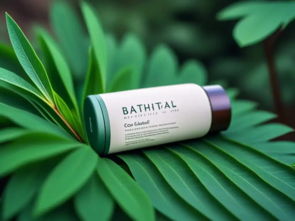 Exfoliante ecofriendly de alta gama sobre hojas verdes en suaves luces naturales