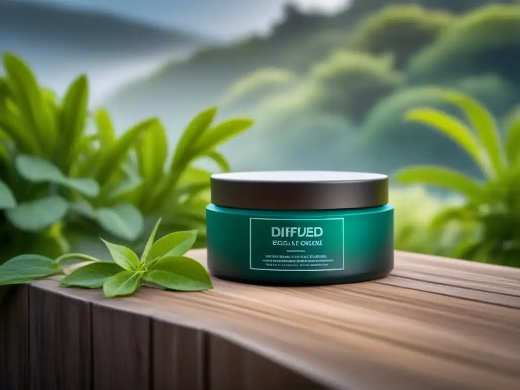 Exfoliante ecofriendly de alta gama en elegante envase minimalista, rodeado de exuberante vegetación