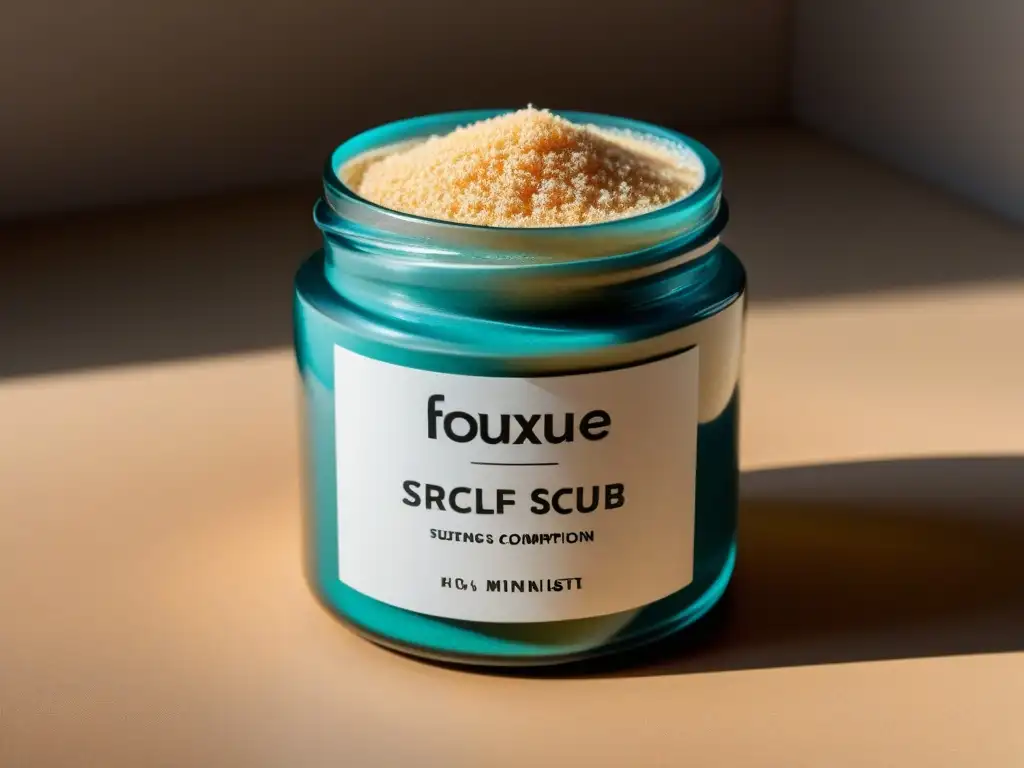 Un exfoliante ecofriendly de alta gama en un elegante frasco de vidrio sobre tonos terrosos, reflejando naturalidad y sofisticación