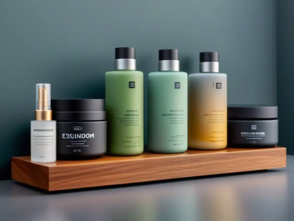 Exfoliantes ecofriendly de alta gama elegantemente dispuestos en moderno estante de baño