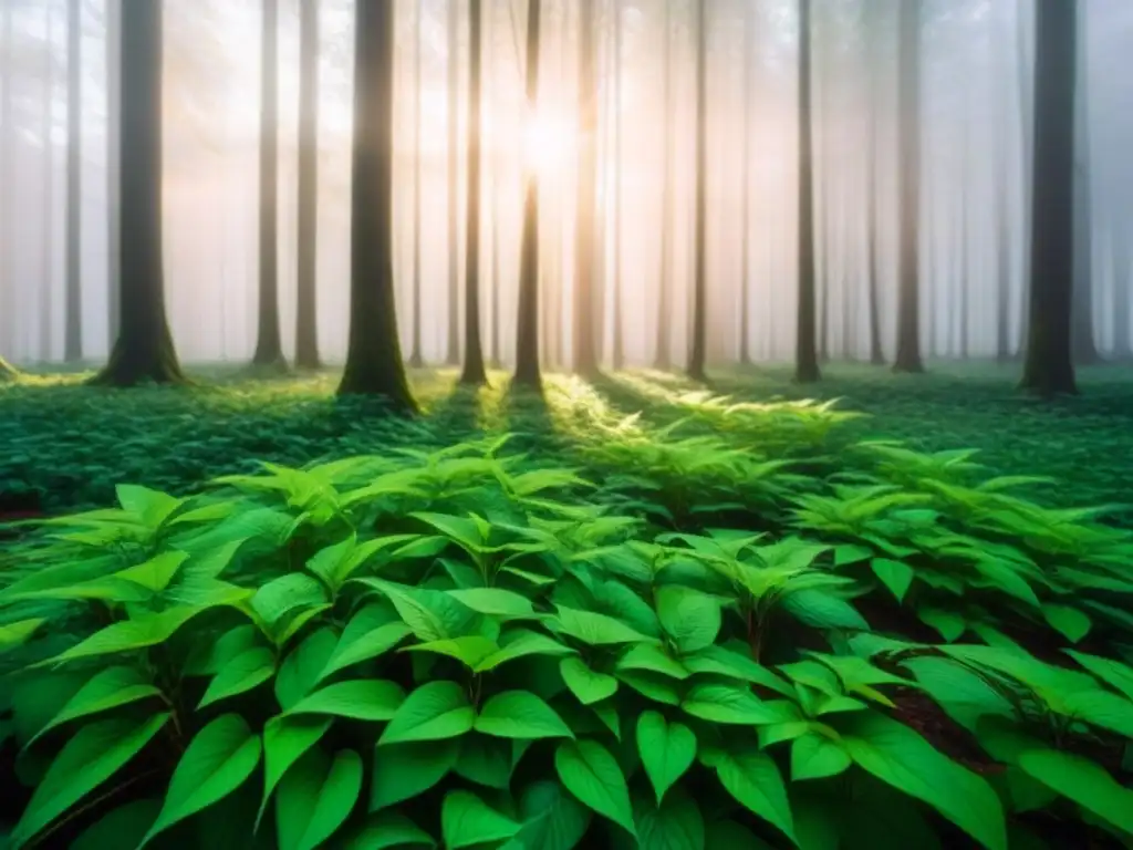 Experiencia inmersiva en la naturaleza: bosque verde con luz filtrándose entre las hojas, creando sombras