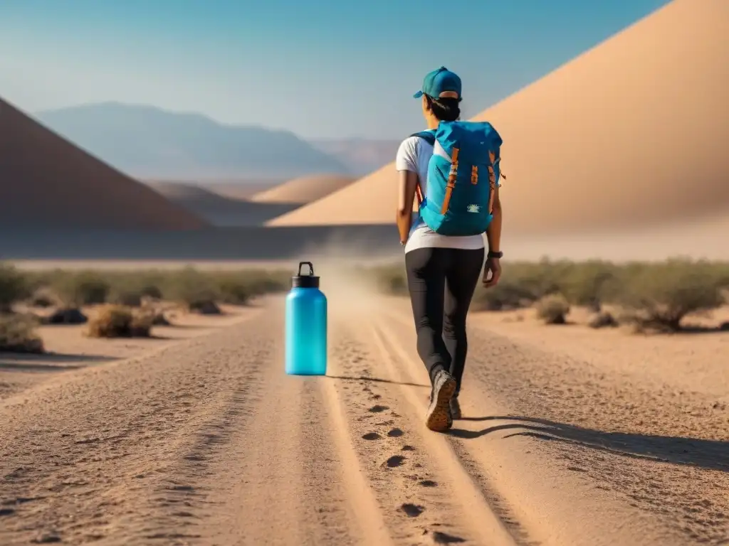 Un explorador en un desierto árido llevando botella de agua y mochila, promoviendo la sostenibilidad en caminatas desiertos