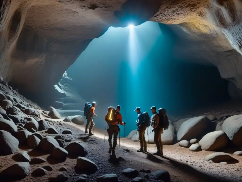 Exploradores con equipamiento sostenible en cueva