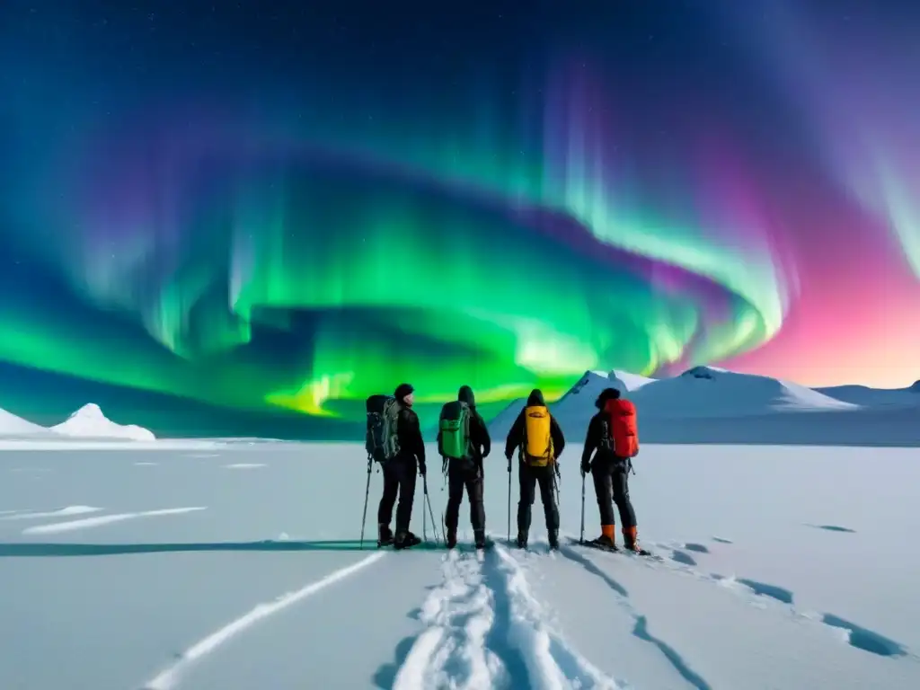 Exploradores en equipo ártico bajo la aurora boreal en Expediciones responsables Polo Norte