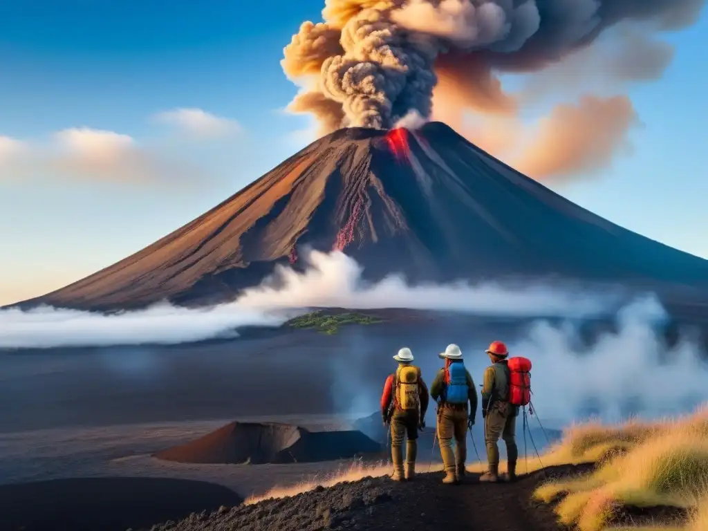 Exploradores con equipo para rutas sostenibles para explorar volcanes, frente a un majestuoso volcán activo