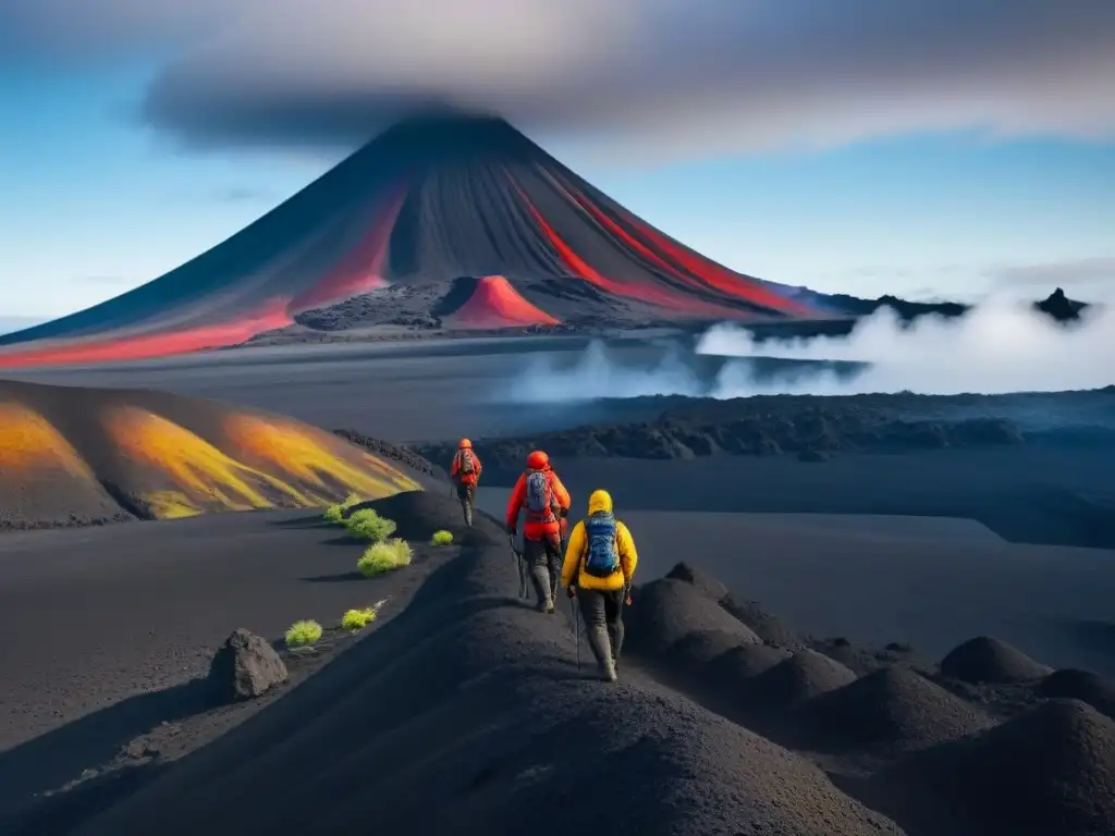 Exploradores en ruta sostenible por un paisaje volcánico surrealista y vibrante