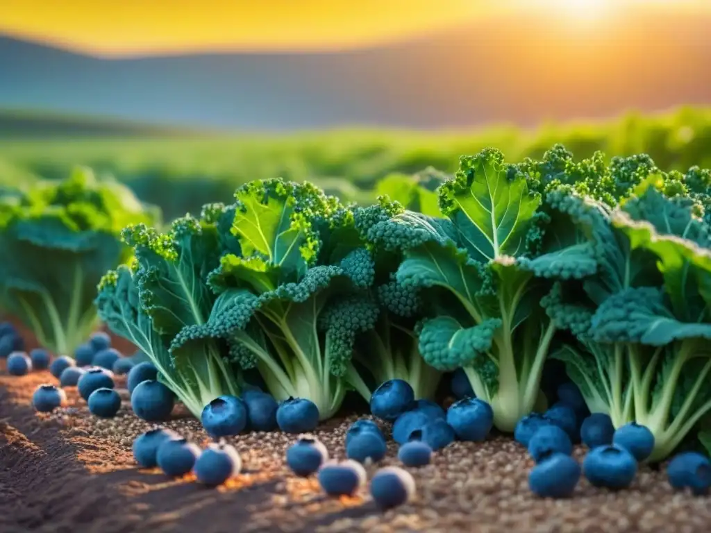 Explosión de superalimentos en campo verde: kale, quinoa, arándanos y semillas de chía crecen en armonía bajo el sol