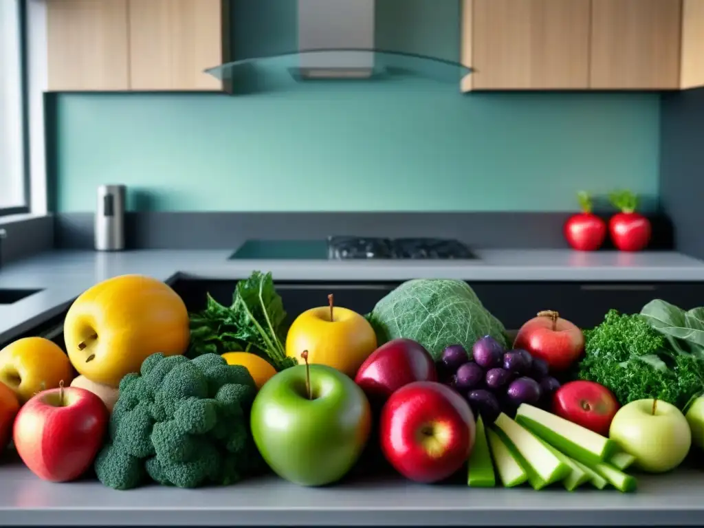 Una exquisita exhibición de frutas y verduras frescas en una cocina moderna