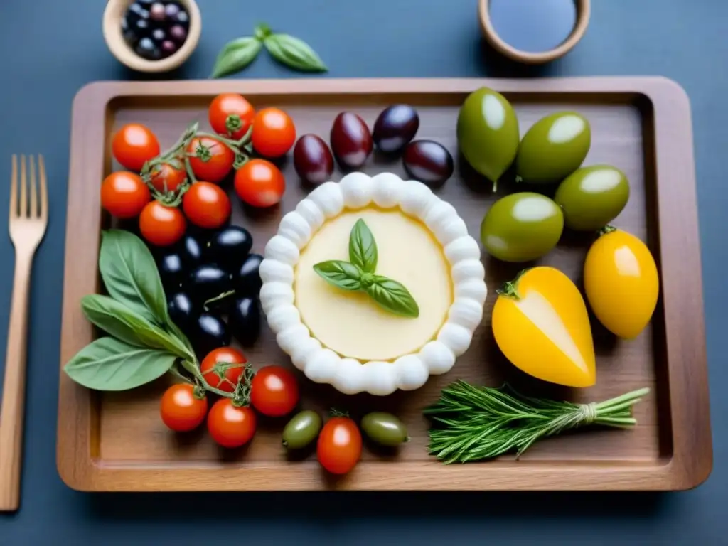 Una exquisita receta internacional zero waste con tomates, albahaca, aceitunas y queso, presentada de forma artística en una tabla de madera