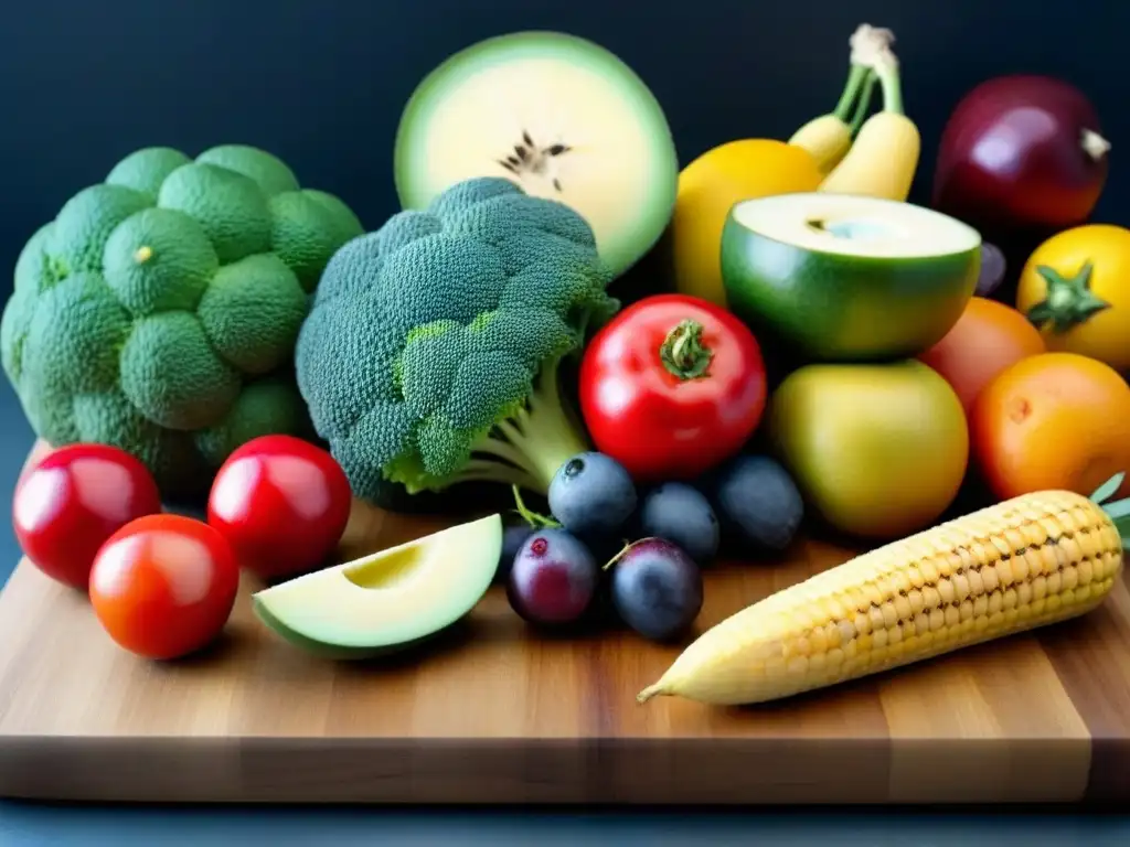 Una exquisita selección de frutas y verduras frescas en una tabla de cortar de madera, junto a un cuchillo afilado