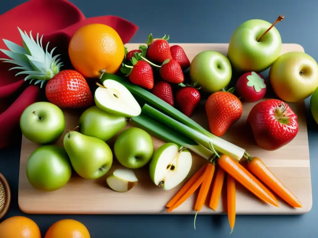 Una exquisita variedad de frutas y verduras coloridas en tabla de madera, listas para un snack saludable zero waste en familia