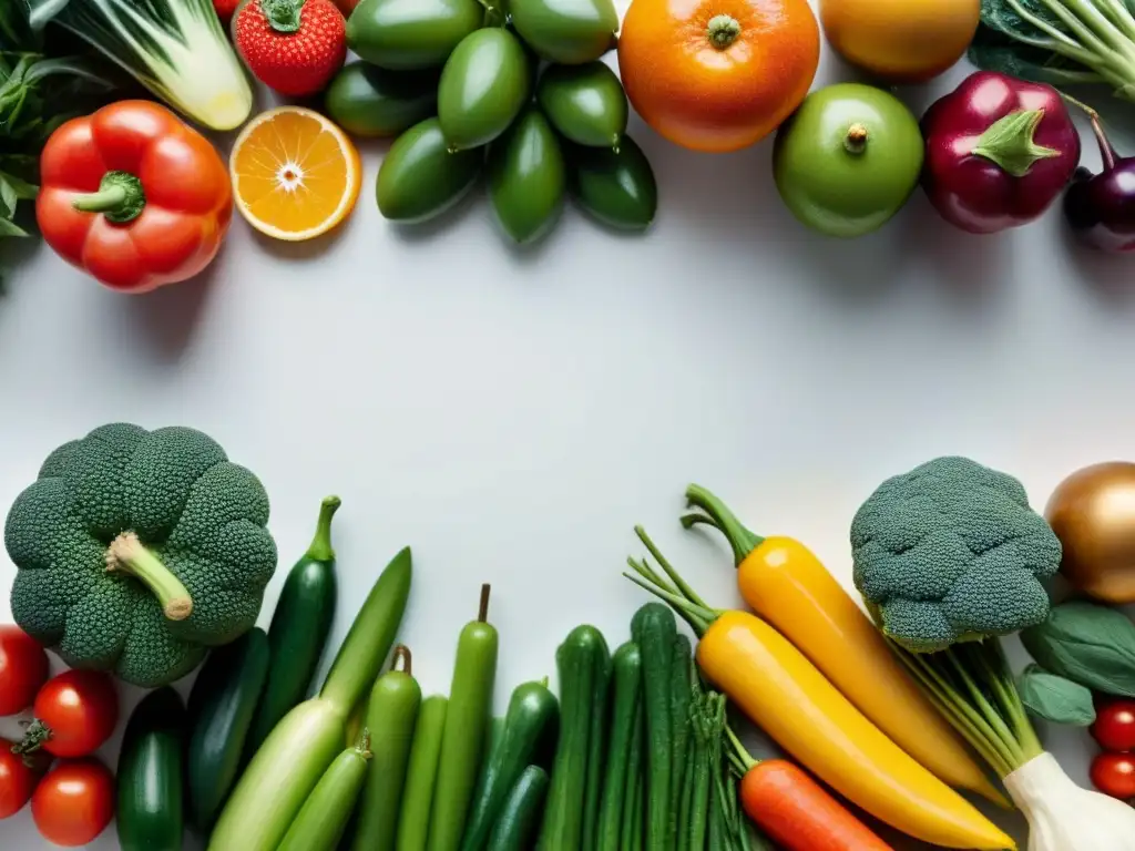 Una exquisita variedad de frutas y verduras frescas en una cocina minimalista blanca