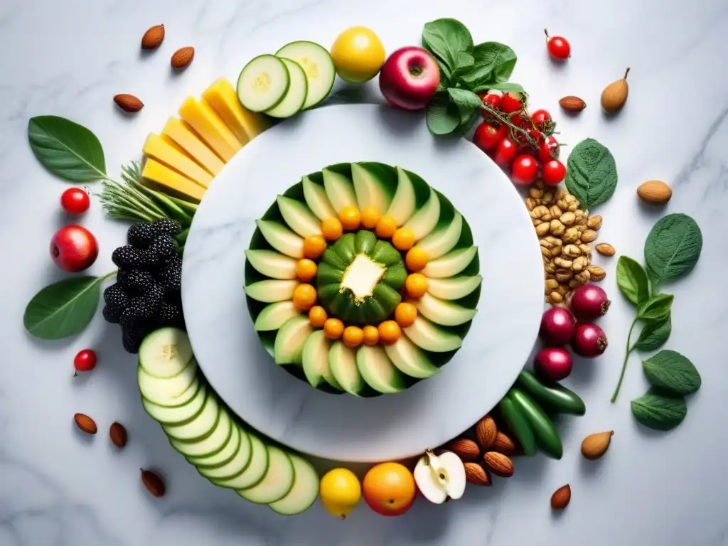 Exquisita variedad de frutas, verduras, granos y frutos secos en un elegante mostrador de mármol blanco