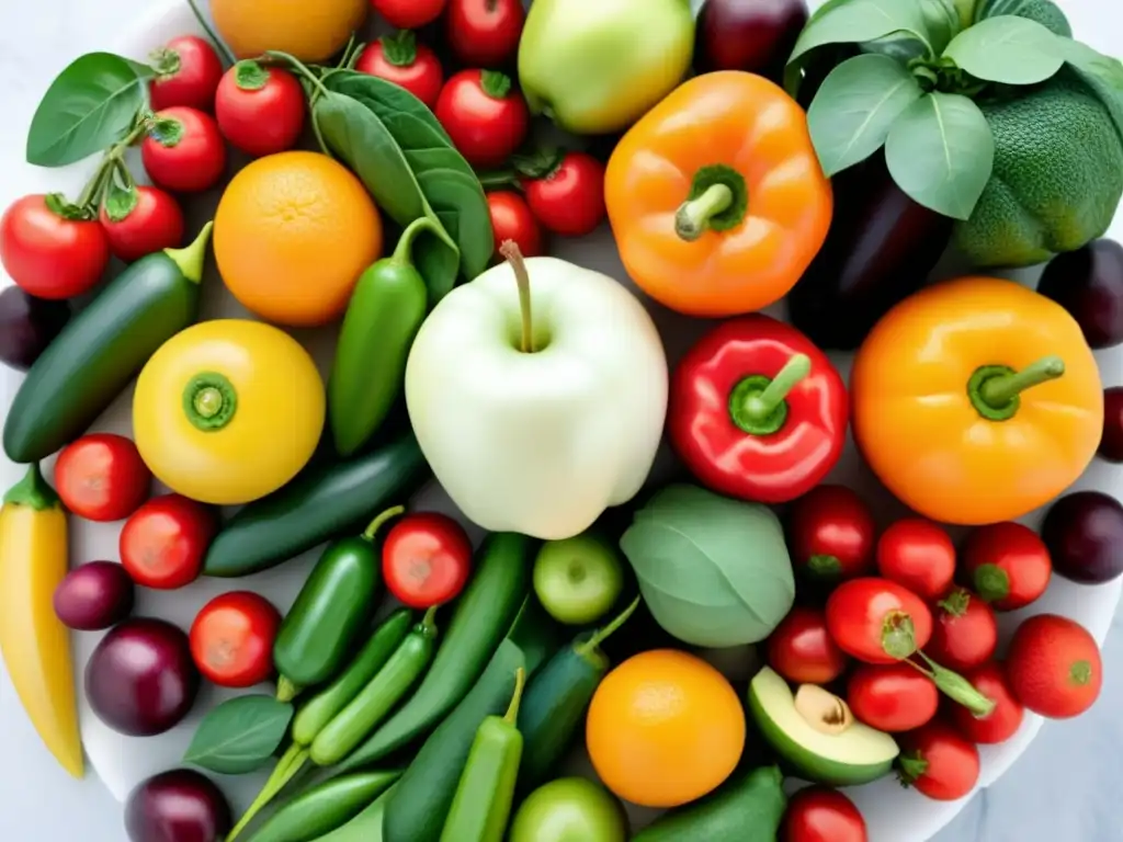 Exquisita variedad de frutas y verduras orgánicas en un arreglo circular sobre mármol blanco