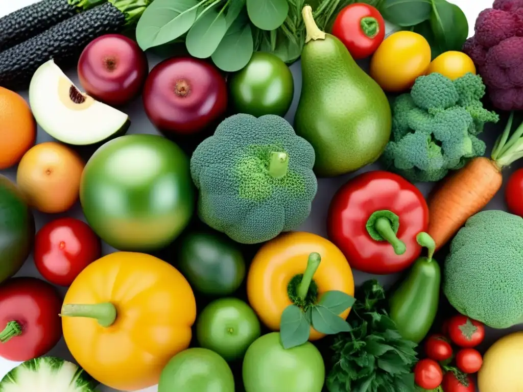 Una exquisita variedad de frutas y verduras orgánicas, frescas y coloridas, en contraste con un fondo blanco