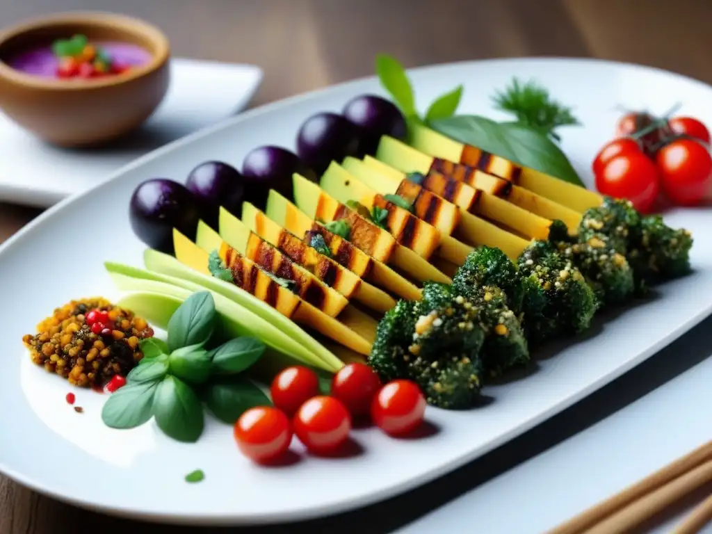 Una exquisita variedad de platos globales a base de plantas en un plato blanco