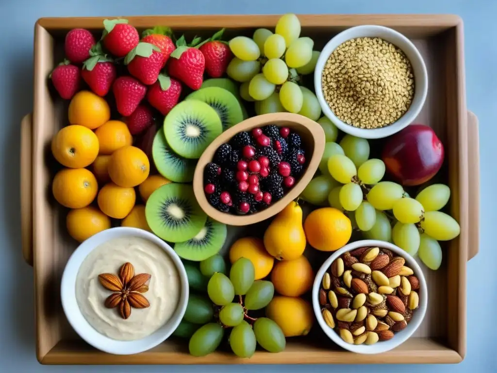 Un exquisito bodegón zero waste con frutas coloridas, frutos secos y semillas en bandeja de bambú, ideal para Meriendas Zero Waste Nutritivas Fáciles