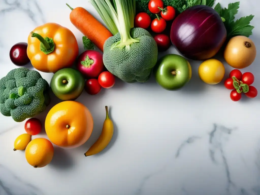 Un exquisito y colorido arreglo de frutas y verduras frescas en un mostrador de mármol blanco