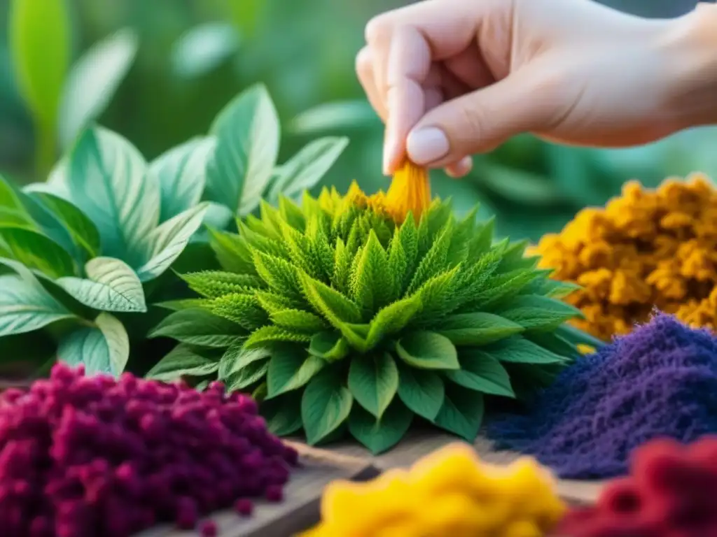 Extracción detallada de tintes ecológicos de plantas y flores, resaltando la belleza y sostenibilidad