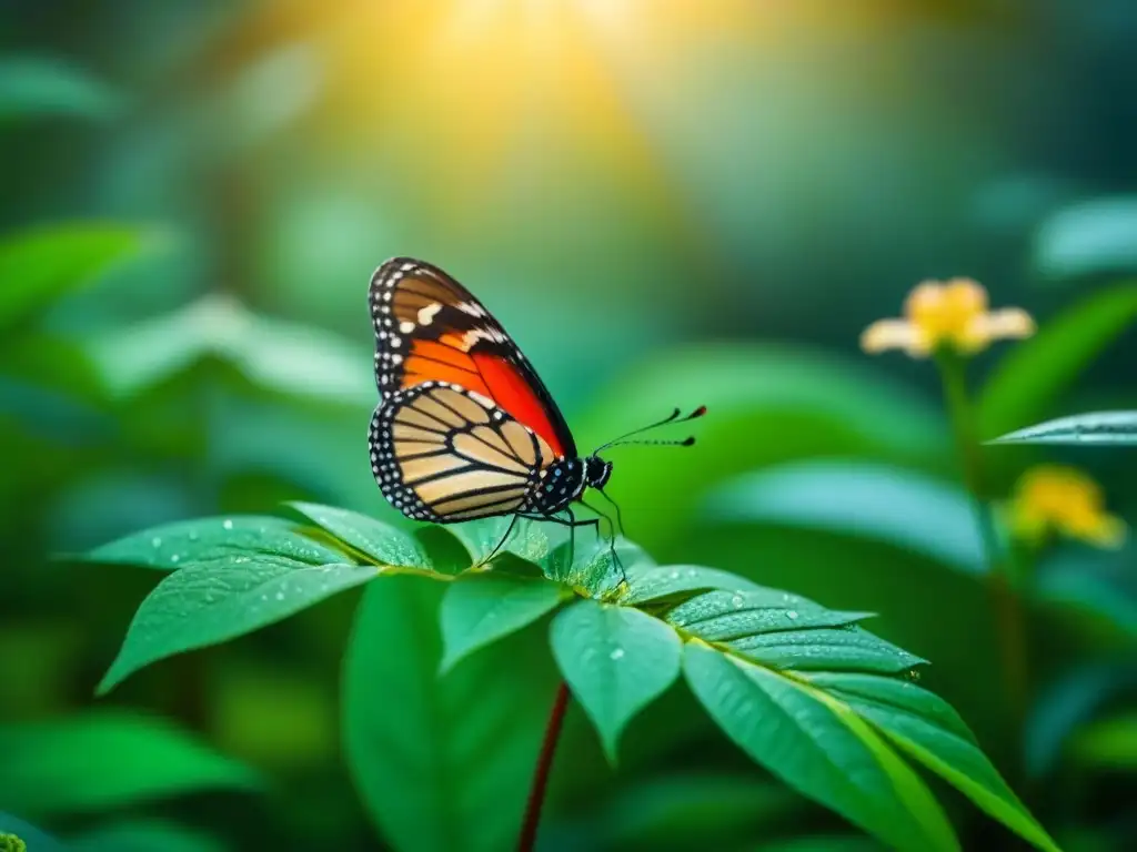 Un exuberante bosque lluvioso bañado en luz dorada, detallando plantas, gotas de rocío y una mariposa en flor