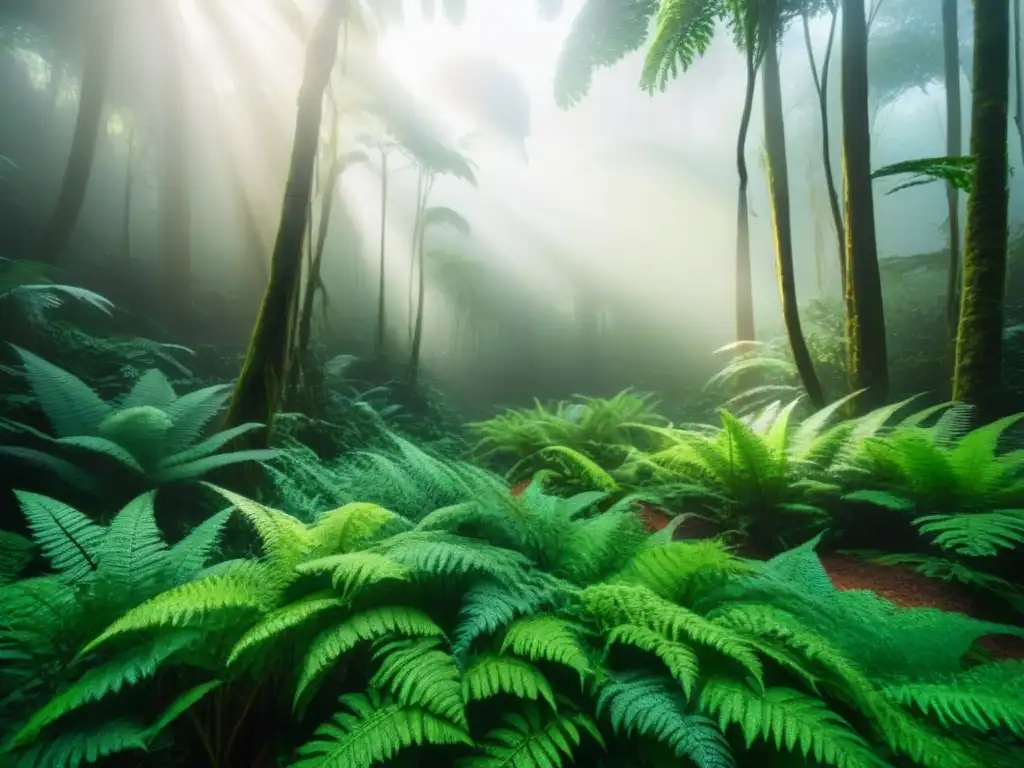 Un exuberante bosque lluvioso con luz solar filtrándose entre el dosel, destacando una diversidad de plantas