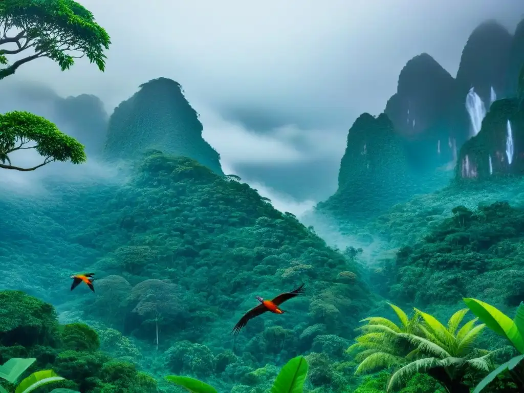 Un exuberante bosque tropical con diversa vida salvaje, aves coloridas, monos y mariposas