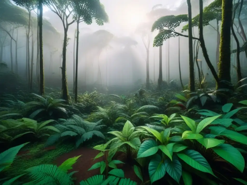 Un exuberante bosque tropical con una diversa vegetación y vida silvestre, iluminado por el sol