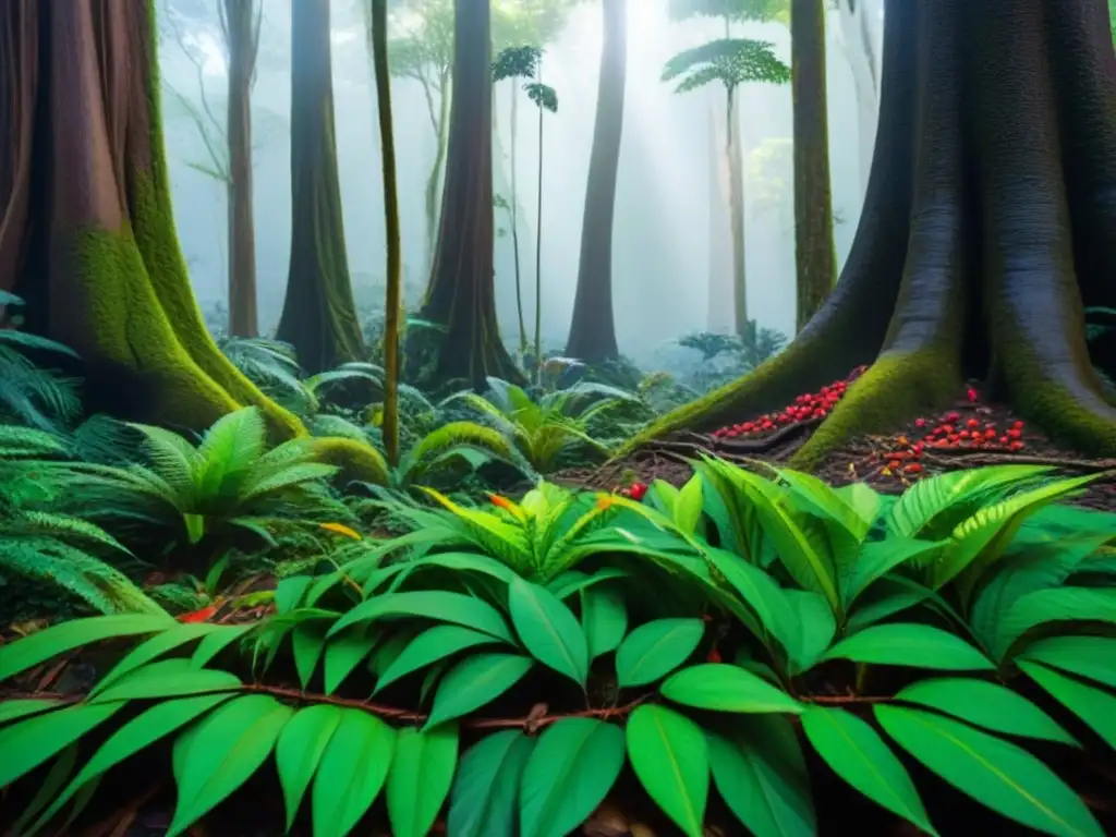 Un exuberante bosque tropical con diversa biodiversidad, donde la energía fluye sin desperdicio