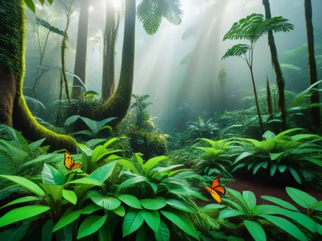 Un exuberante bosque tropical lleno de vida y color, resaltando la importancia de preservar la naturaleza