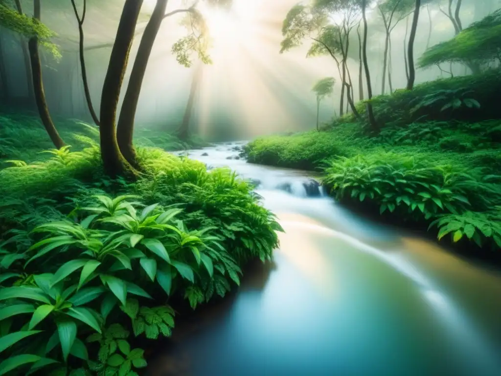 Un exuberante bosque verde iluminado por el sol con diversa vegetación y un arroyo