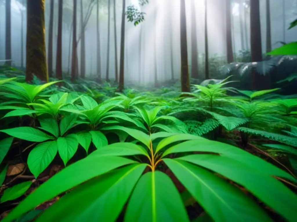 Un exuberante dosel de selva con rayos de sol filtrándose entre las hojas, creando sombras moteadas en el suelo del bosque