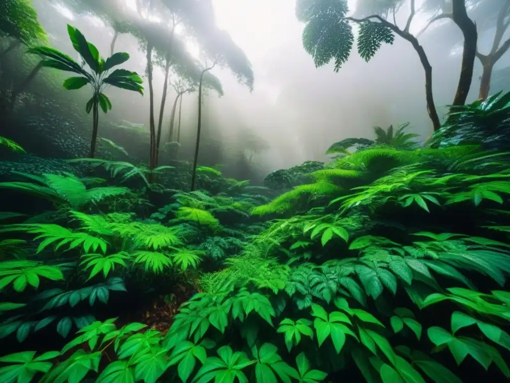 Un exuberante dosel de selva con vibrantes hojas verdes, luz filtrada y vida silvestre oculta