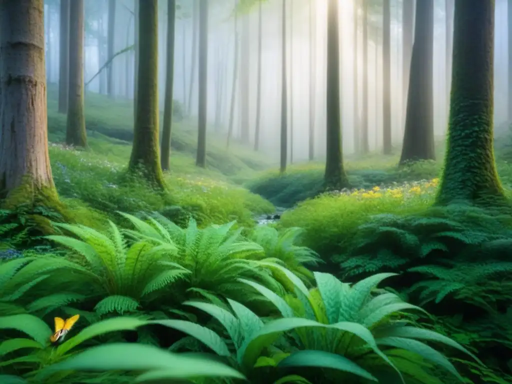 Un exuberante ecosistema forestal lleno de vida, capturando la biodiversidad en su forma más pura