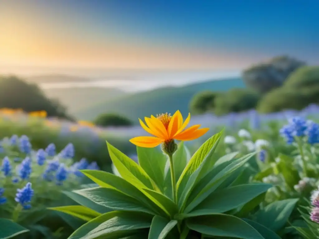 Jardín botánico exuberante con flores vibrantes y hierbas aromáticas bajo cielo azul