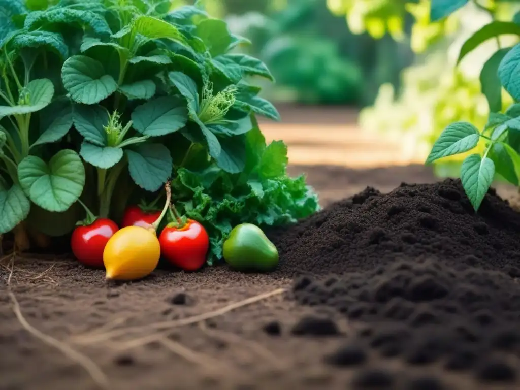 Un jardín exuberante con frutas, verduras y flores en suelo fértil y compostaje residuos orgánicos sostenible