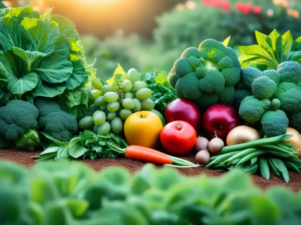 Jardín exuberante con frutas, verduras y hierbas coloridas en armonía