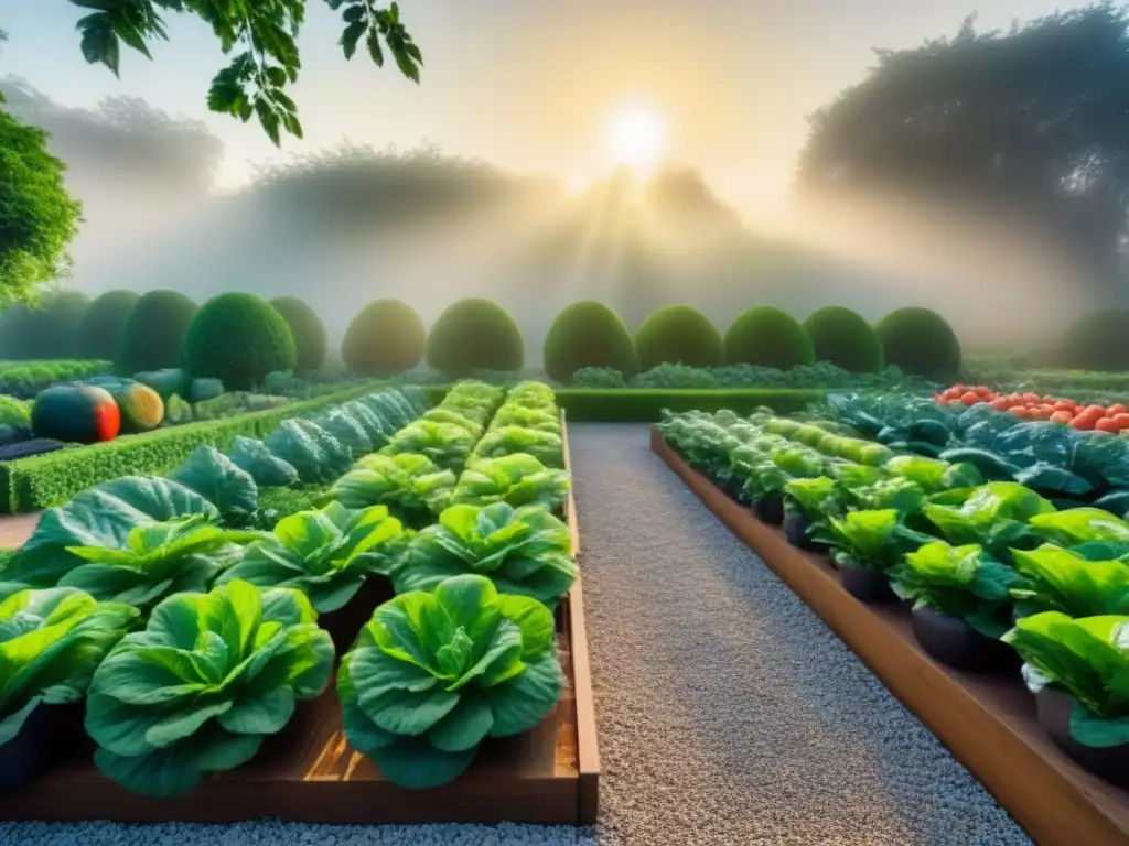 Un jardín plantbased exuberante con frutas y verduras vibrantes, bañado por el sol