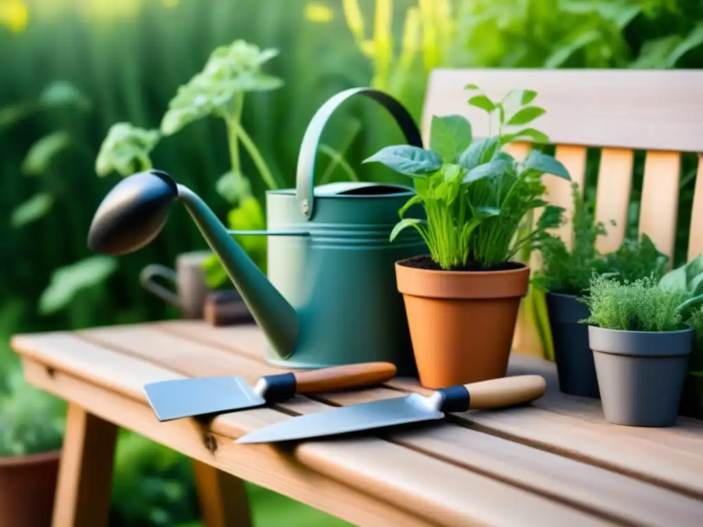 Un jardín exuberante con herramientas de jardinería sostenible eco ordenadas en un banco de madera, iluminado por la suave luz del sol