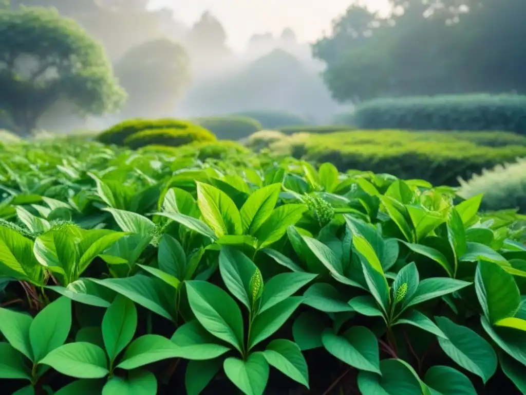 Jardín botánico exuberante con hojas vibrantes en tonos verdes, luz solar filtrada