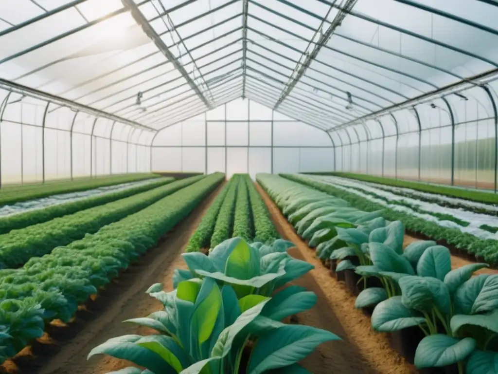 Exuberante invernadero moderno rodeado de cultivos, destacando los beneficios de la agricultura sostenible zero waste