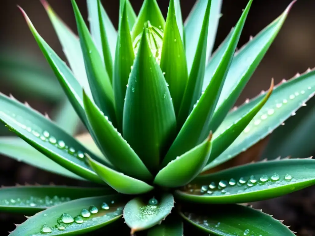 Una exuberante planta de sábila con gotas de rocío, resaltando su belleza natural