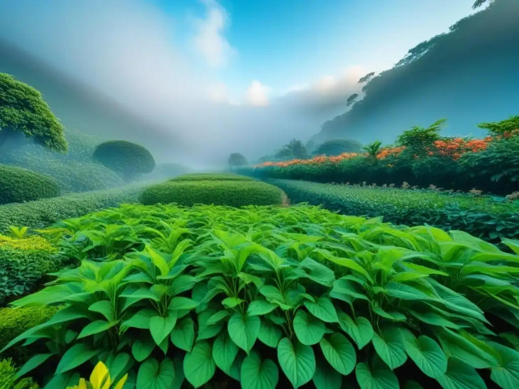 Jardín botánico exuberante con plantas detalladas bajo cielo azul