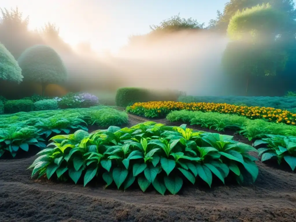 Un jardín exuberante con plantas saludables rodeado de abono en descomposición, iluminado por el sol