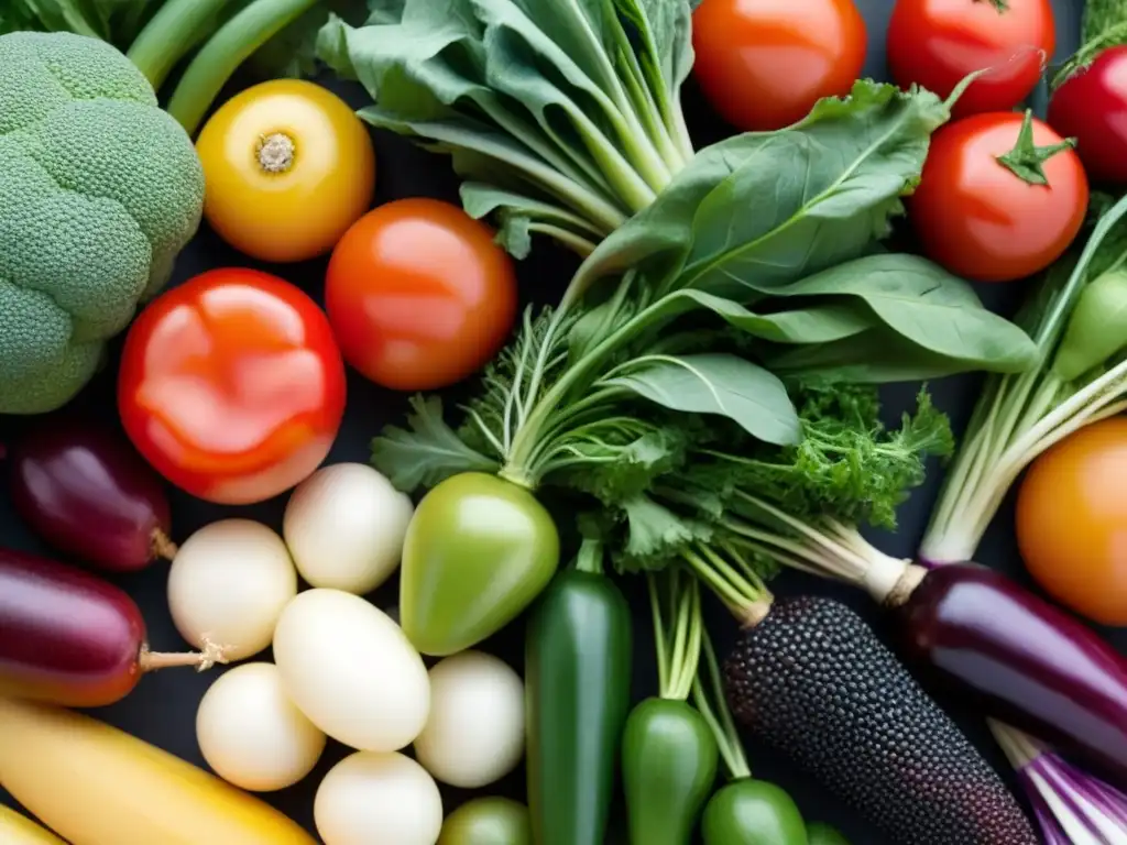 Exuberante variedad de frutas y verduras orgánicas recién cosechadas, resaltando su frescura y colores vibrantes