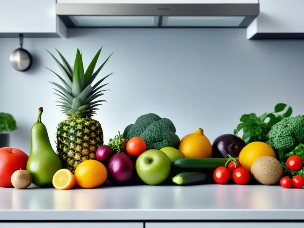 Exuberante variedad de frutas y verduras frescas en una cocina minimalista, transmitiendo los beneficios de una dieta basada en plantas